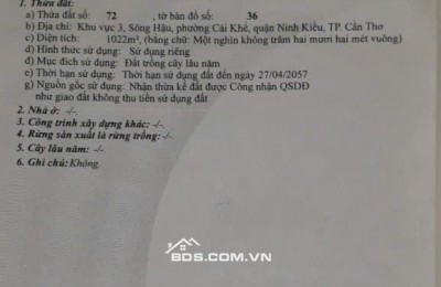 Đất vườn ở Cồn Khương - p. Cái Khế - Q. Ninh Kiều - Tp Cần Thơ